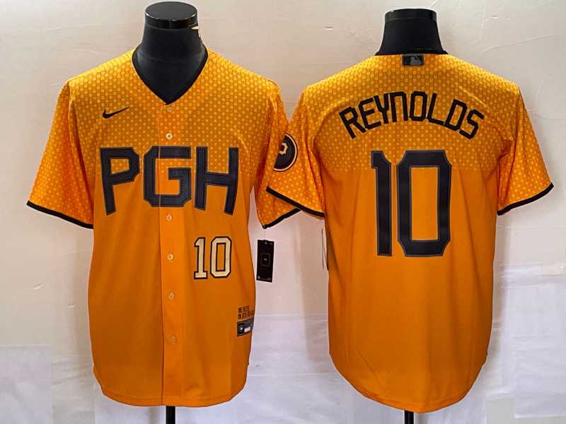 Men%27s Pittsburgh Pirates #10 Bryan Reynolds Number Gold 2023 City Connect Stitched Jersey2->pittsburgh pirates->MLB Jersey